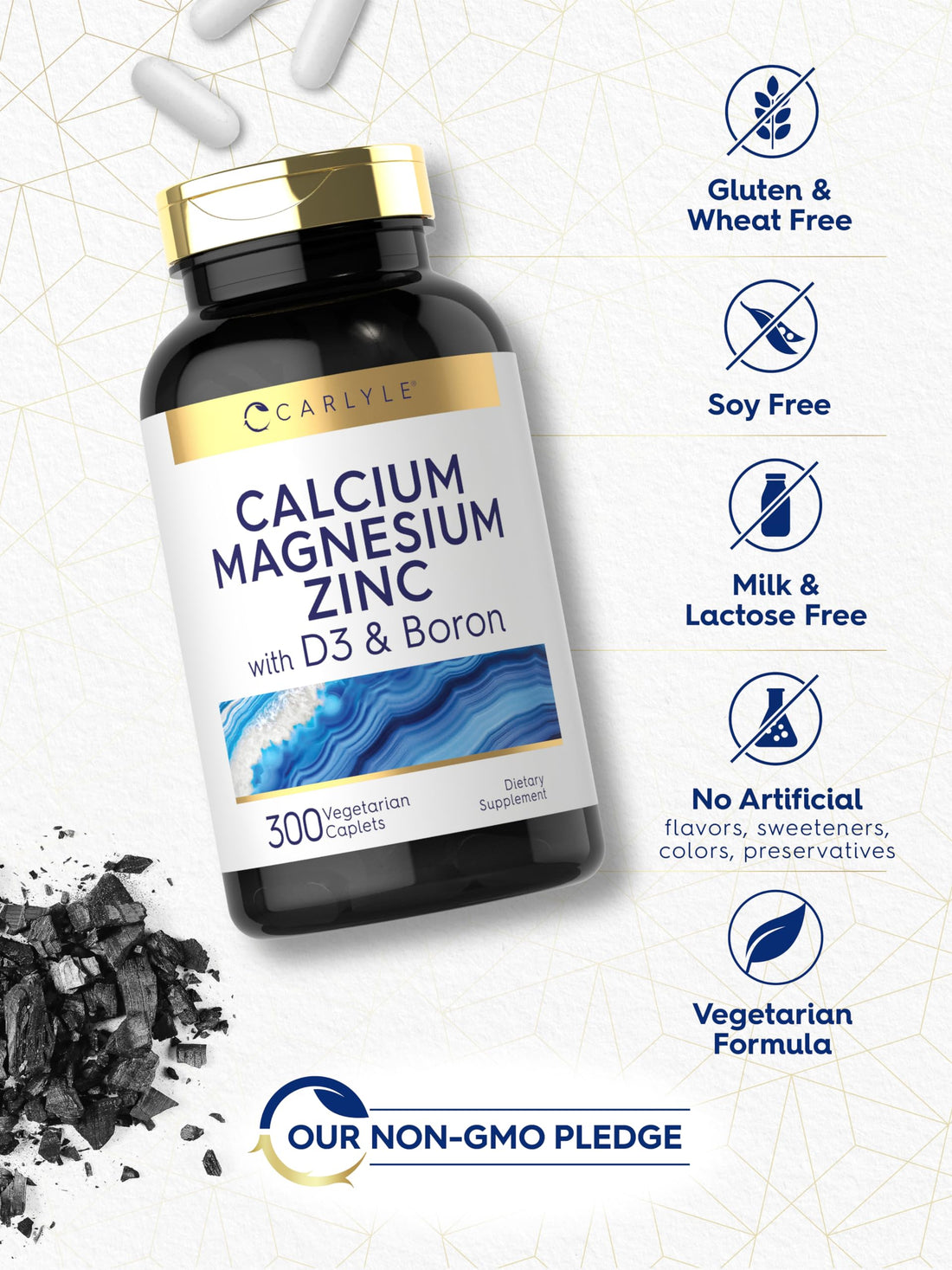 Carlyle Calcium Magnesium Zinc Vitamin D3 Supplement with Boron | 300 Caplets | Vegetarian, Non-GMO