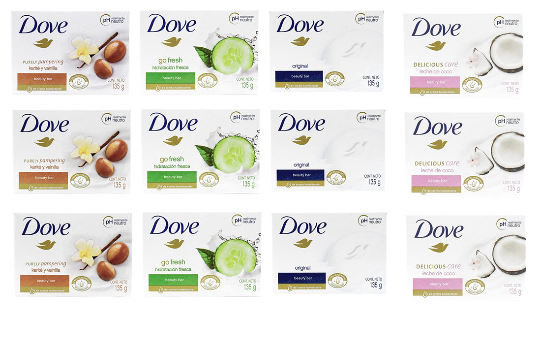 Dove, Beauty Bar Soap Variety Pack of 12, Go Fresh, Shea Butter, Coconut Milk, White - 135g, 56.4 Ounce