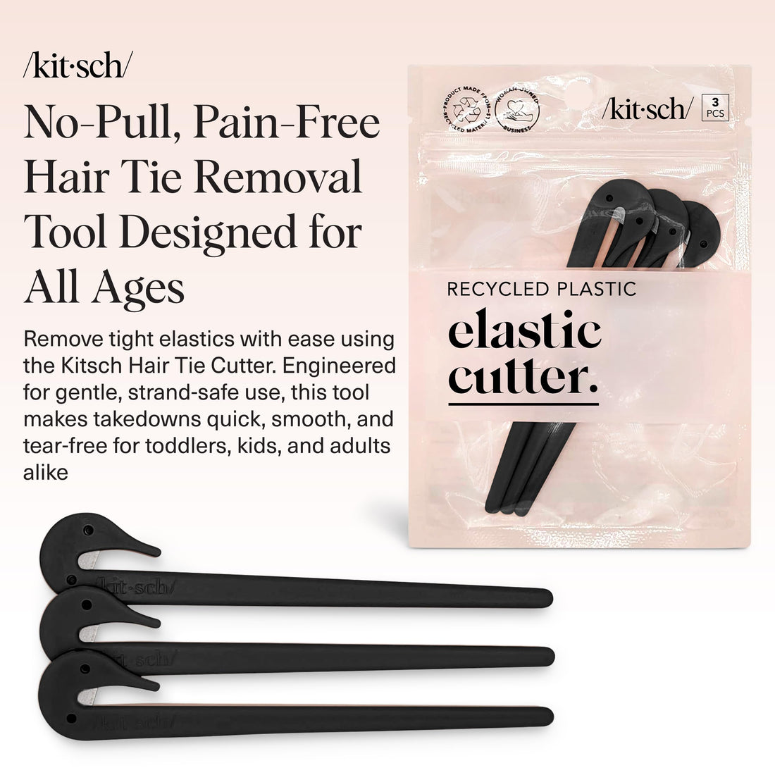 Kitsch Hair Tie Cutter – Easy To Use, Pain Free Rubber Band Cutter for Hair Kids, Baby & Toddler Girls – Black, 3pc Set