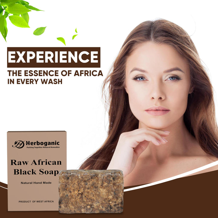 HERBOGANIC Raw African Black Soap Bar - 6 oz - 100% Pure and Organic | Natural Black African Soap bar for acne, Eczema, blackheads | Use as face wash and body wash - Pack of 1
