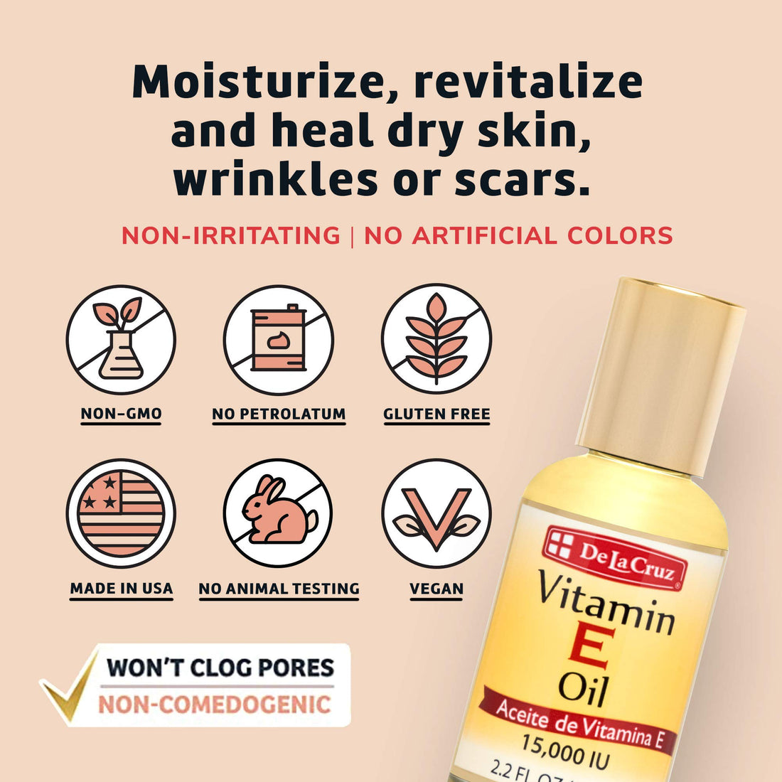 De La Cruz Vitamin E Oil, Vitamin E Oil with Safflower for Skin, Hair, Face and Body, 2.2 FL OZ. (2 Bottles)