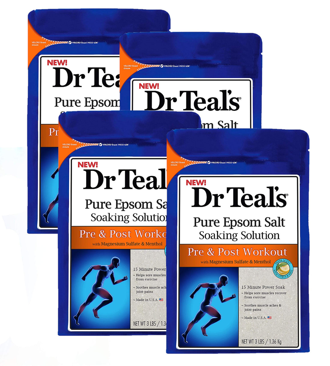 Dr. Teals Pre & Post Workout Epsom Salt Soaking Solution (4 Pack, 3lbs Ea.) - Essential Oils Blended with Pure Epsom Salt & Menthol - Eases Aches & Soreness, Alleviates Daily Stress - At Home Recovery