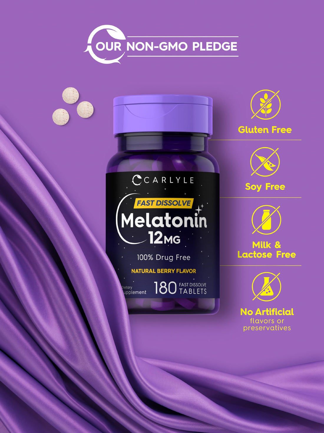 Carlyle Melatonin 12 mg Fast Dissolve 180 Tablets | Drug Free | Natural Berry Flavor | Vegetarian, Non-GMO, Gluten Free