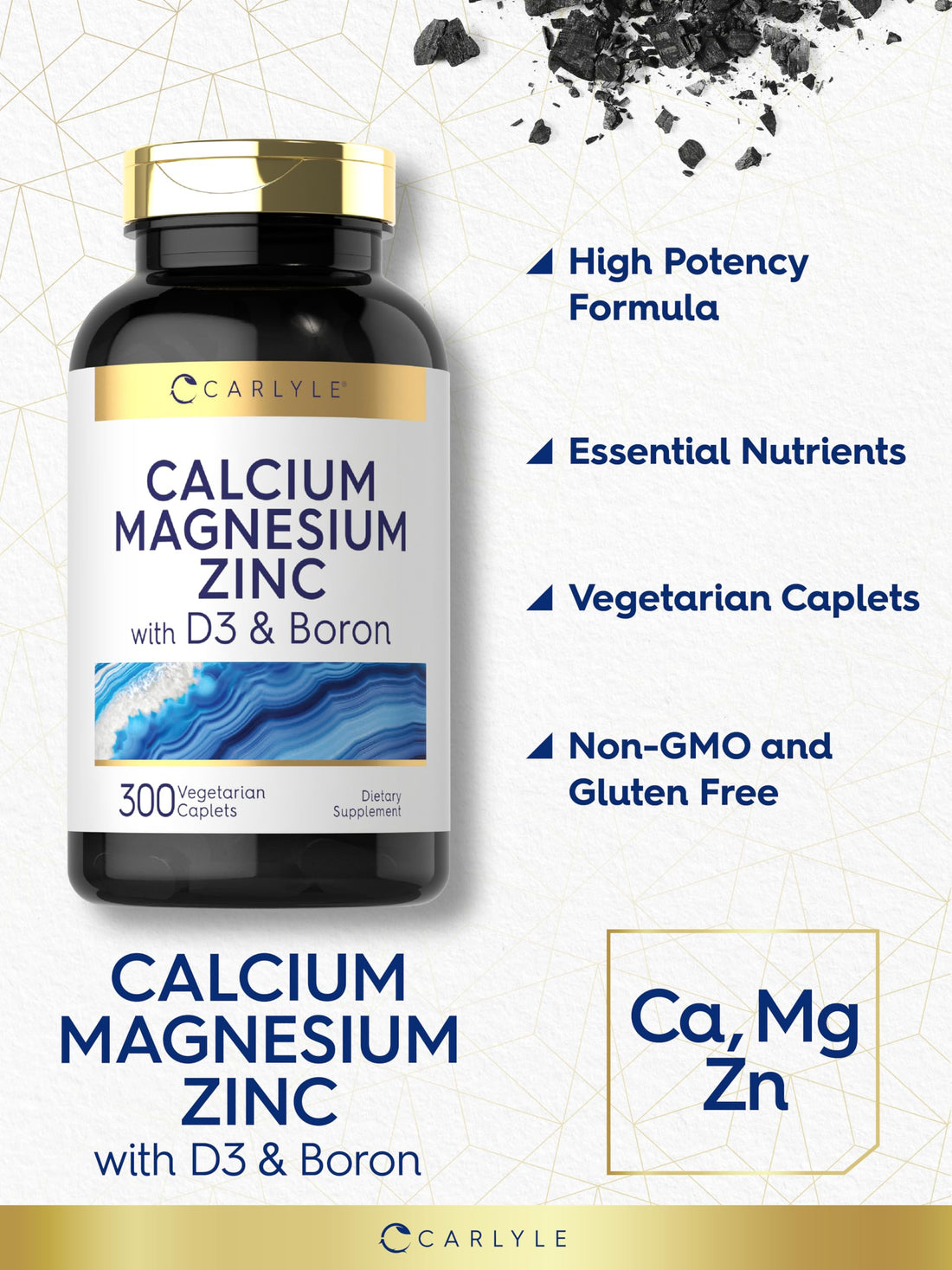 Carlyle Calcium Magnesium Zinc Vitamin D3 Supplement with Boron | 300 Caplets | Vegetarian, Non-GMO