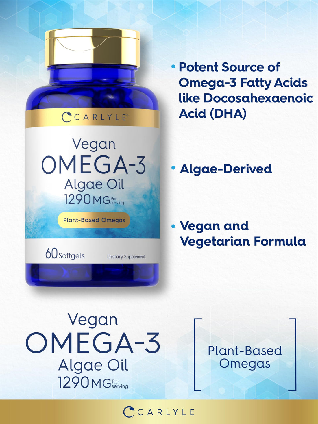 Carlyle Vegan Omega 3 Supplement | 1290 mg | 60 Softgels | Plant Based | Non-GMO & Gluten Free | from Algae Oil