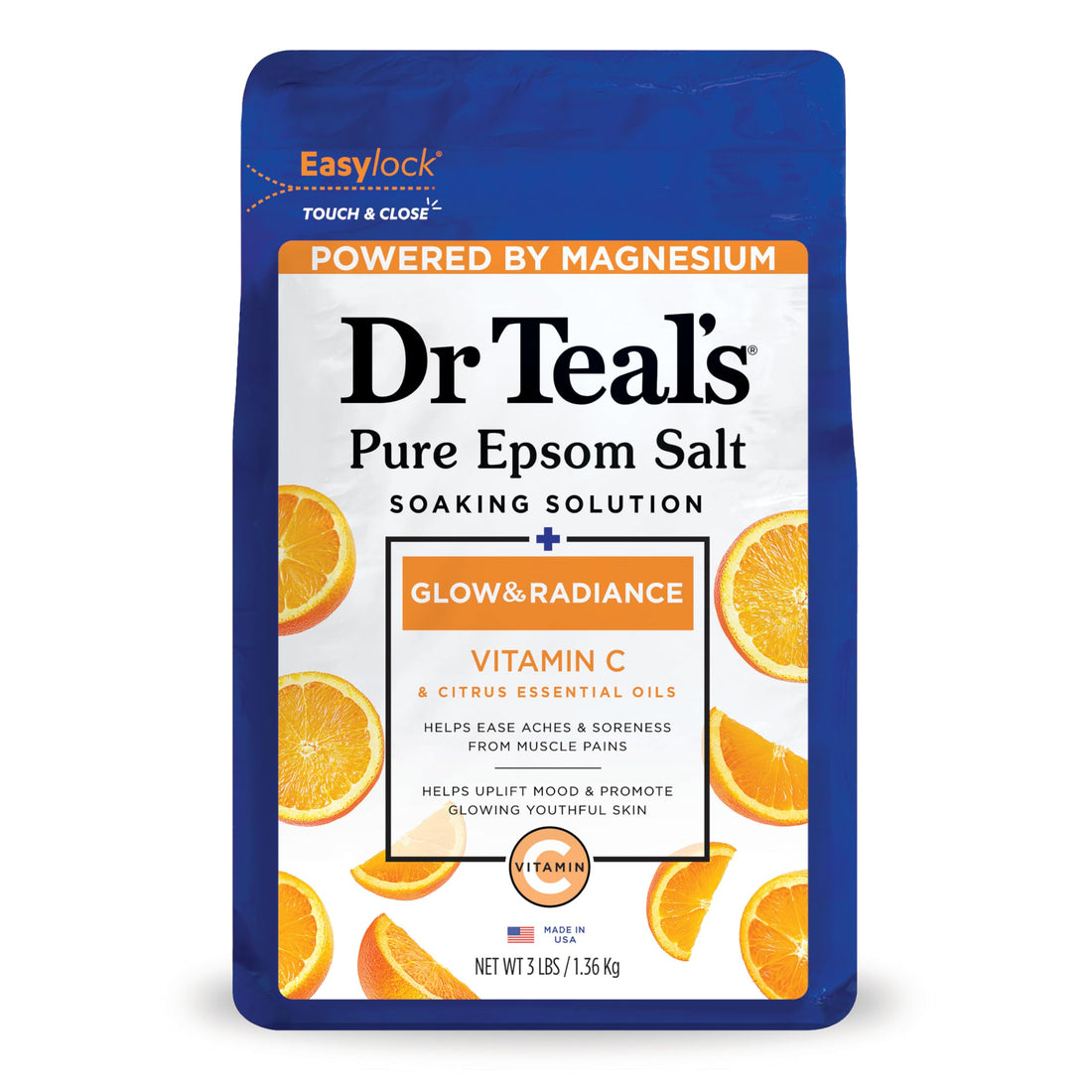 Dr Teal's Epsom Magnesium Salt Soak, Glow & Radiance with Vitamin C & Citrus Essential Oils, 3 lbs