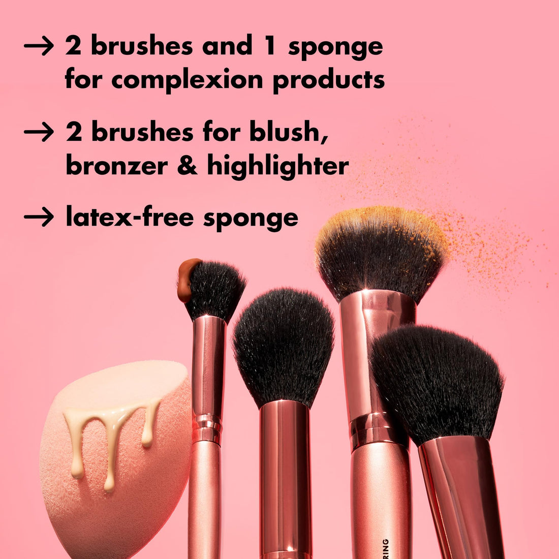 e.l.f. Complexion Essentials Brush & Sponge Set, Concealer, Powder, Blush & Highlighter Brushes & Total Face Sponge, Vegan & Cruelty-Free
