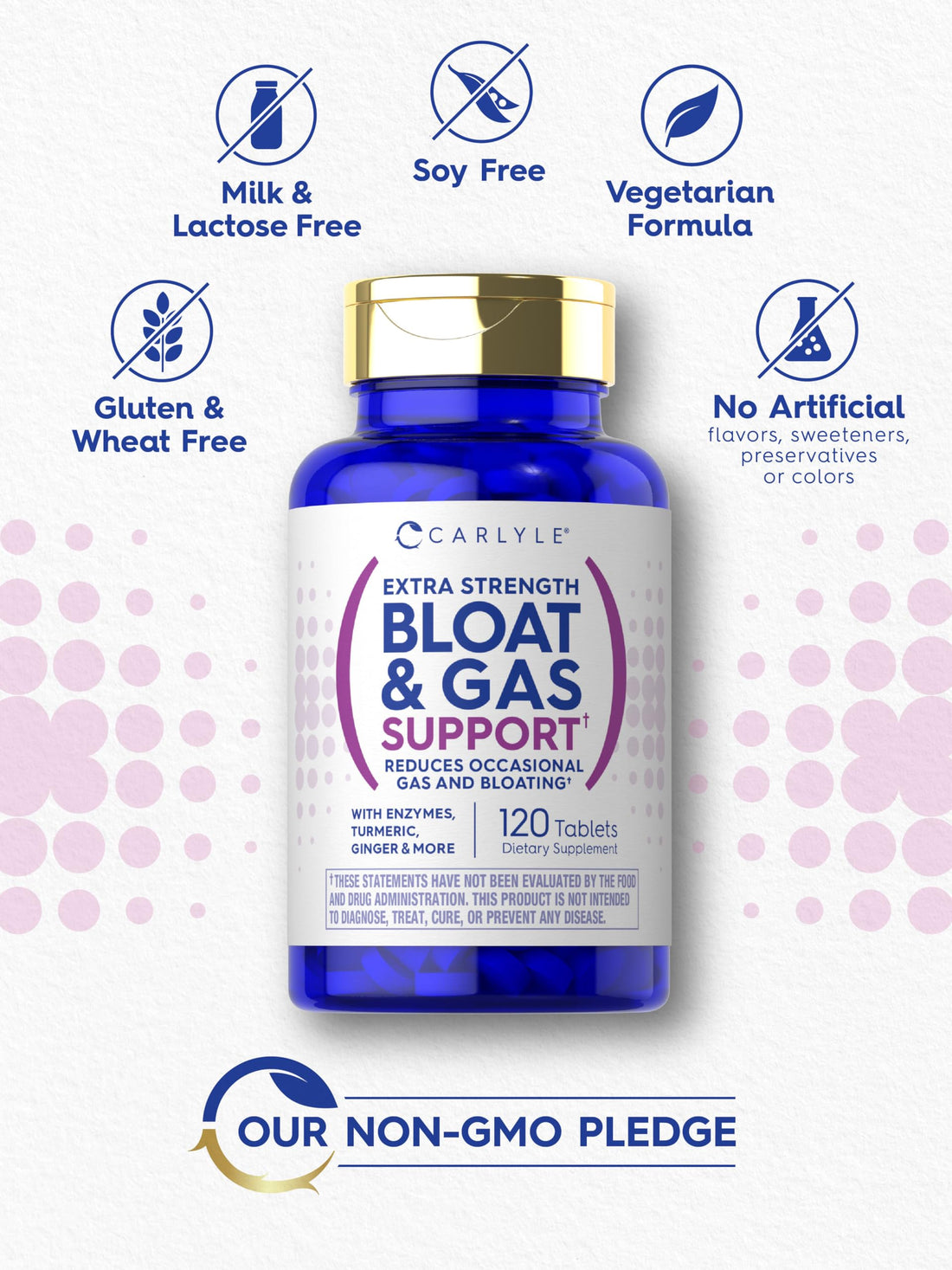 Carlyle Bloat & Gas Support for Men & Women | 120 Tablets | Extra Strength Pills | Supplement with Enzymes, Turmeric, Ginger & More | Non-GMO & Vegetarian Formula
