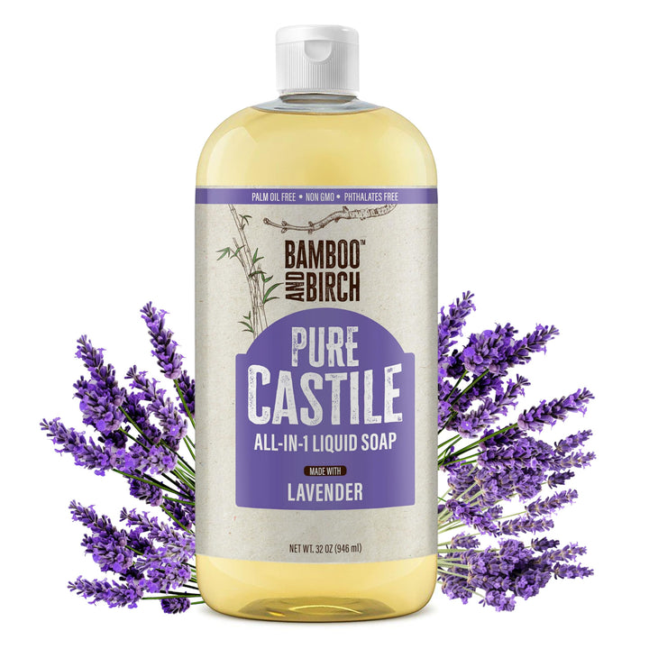BAMBOO AND BIRCH Pure Castile Soap Liquid Organic, Certified Palm Oil Free Natural Soap, Lavender, 32 oz
