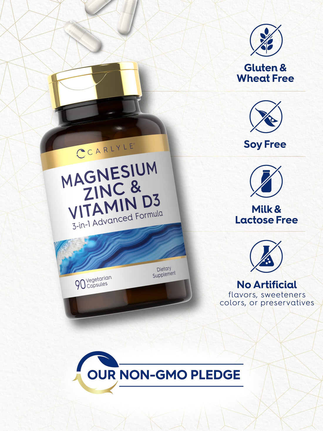 Carlyle Magnesium Zinc and Vitamin D3 | 90 Capsules | 3-in-1 Advanced Formula | Vegetarian, Non-GMO and Gluten Free
