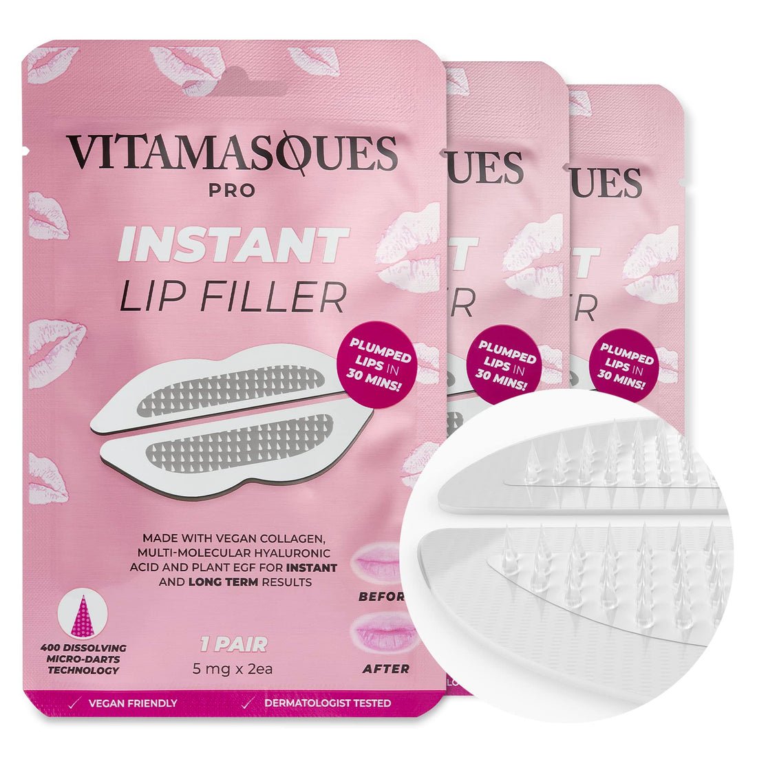 Instant Lip Filler for Plumped Lips in 30 Mins by Vitamasques, 3 Pack - Korean Skin Care Vegan Collagen, Hyaluronic Acid & 400 Dissolving Micro-Dart Tech for Instant & Long-Lasting Results