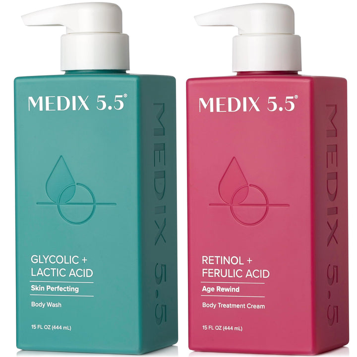 MEDIX 5.5 Exfoliating AHA Glycolic Acid Face & Body Wash Cleanser + Retinol Moisturizing Body Cream Lotion Skin Care 2PC Set | Alpha Hydroxy Acid & Lactic Acid Foaming Face Wash, 2-PC