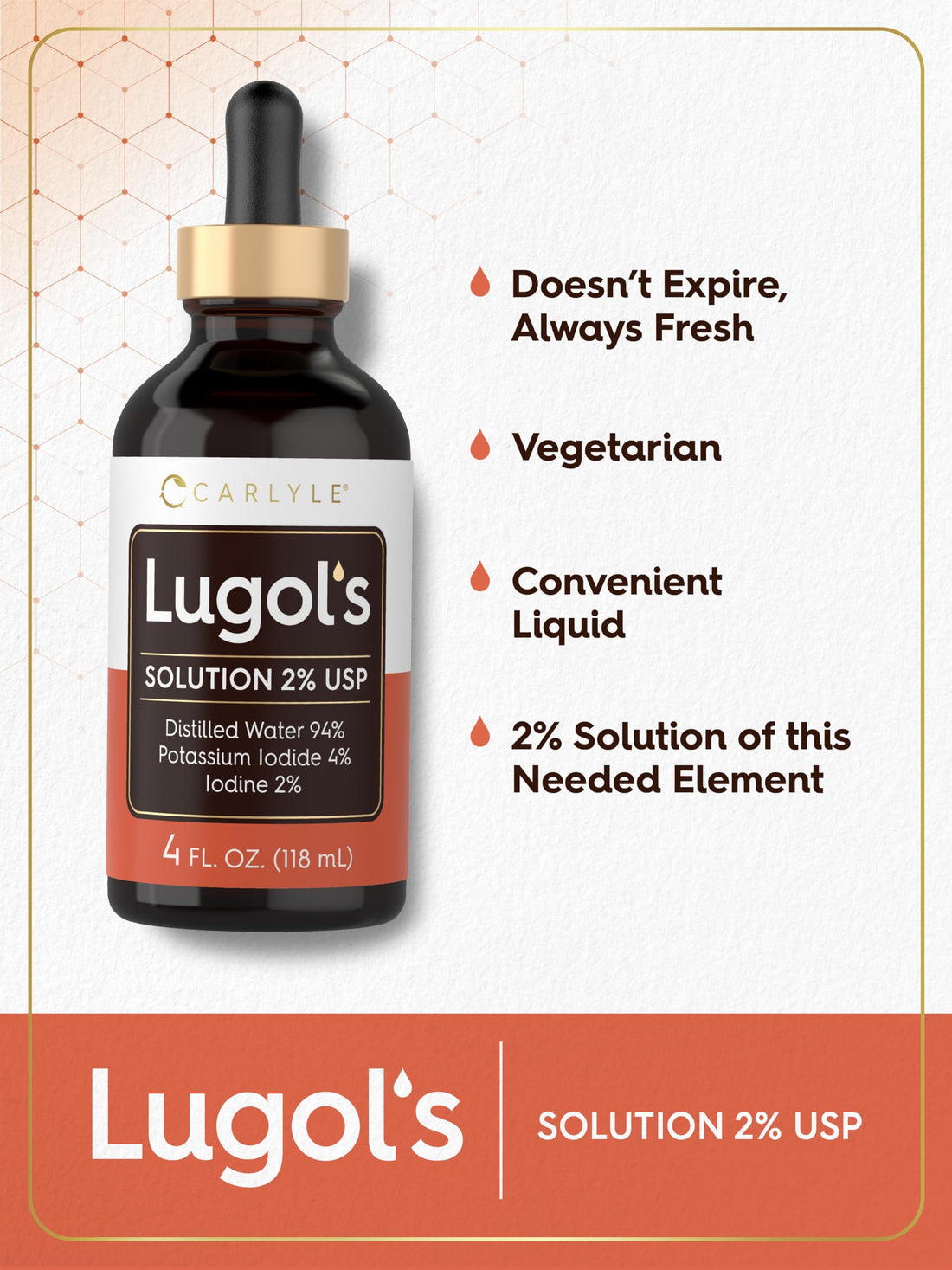 Carlyle Lugols Iodine 2 Percent | 4 fl oz (Pack of 1) | Potassium Iodide and Iodine Solution 2% Liquid Drops