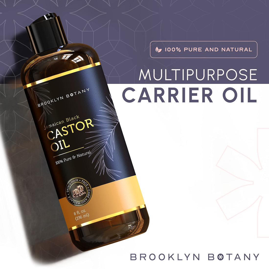 Brooklyn Botany Jamaican Black Castor Oil for Hair Growth, Eyelashes & Eyebrows - 100% Pure and Natural Carrier Oil, Hair & Body Oil - Massage Oil for Aromatherapy - 8 Fl Oz