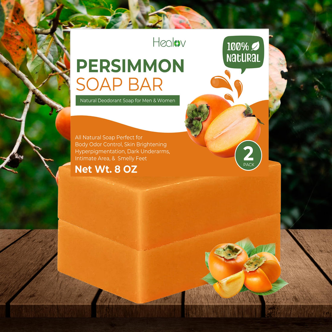 Healov Persimmon Soap Bar for Body Odor Control – Purifying Deodorizing Face & Body Wash for Eliminating Body Odor – Great for Skin Brightening, Hyperpigmentation – Deodorant Soap for Men & Women