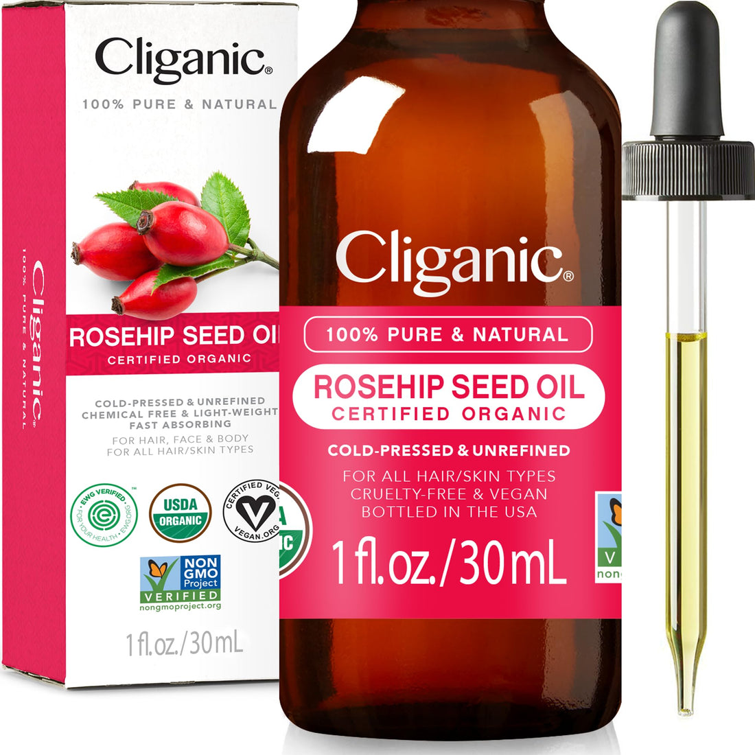 Cliganic USDA Organic Rosehip Seed Oil for Face, 100% Pure | Natural Cold Pressed Unrefined Hexane-Free | Base Carrier Oil for Skin, Hair & Nails | Certified Organic, 1oz | Cliganic 90 Days Warranty