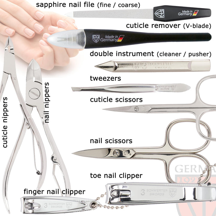 3 Swords Germany - Brand Quality 10 Piece Manicure Pedicure Grooming Kit Set For Professional Finger & Toe Nail Care Scissors Clipper Fashion Leather Case In Gift Box, Made By 3 Swords (03614)
