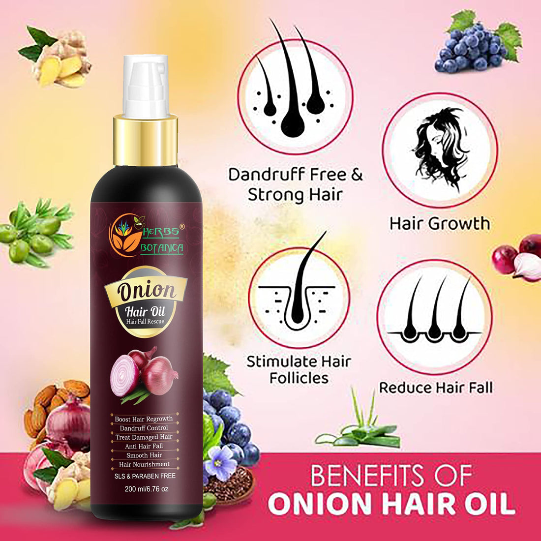 Herbs Botanica Red Onion Hair Oil Onion Seed Oil for Hair Care Healthy Essentials Vitamins Onion Oil, Jojoba, Argan, Tea Tree, Sandalwood, Rose Oils 6.76 fl oz / 200 ml