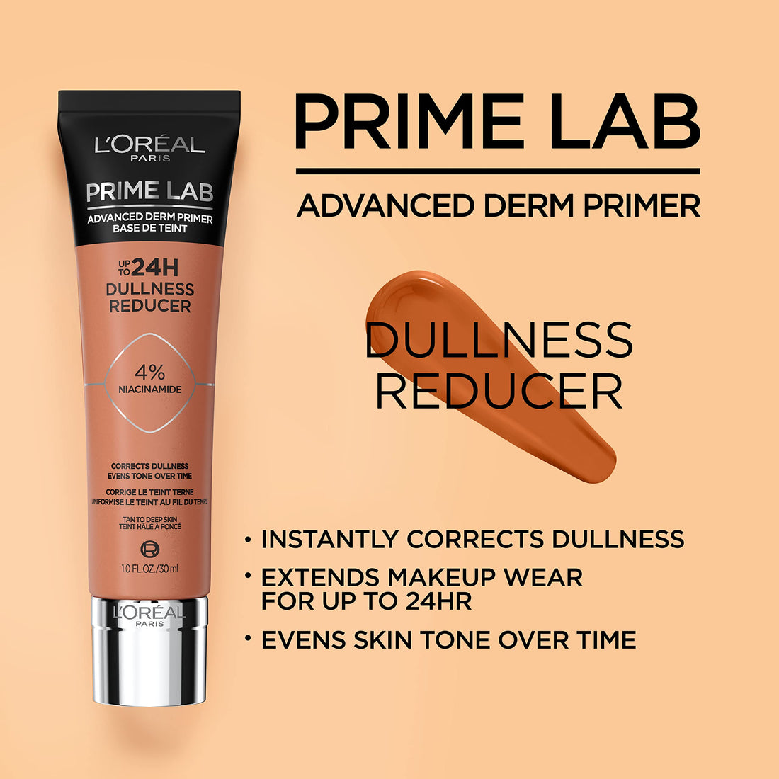L'Oreal Paris Prime Lab Up to 24H Dullness Reducer, Face Primer Infused with Niacinamide to Reduce Face Dullness and Extend Makeup Wear, 1.01 Fl Oz