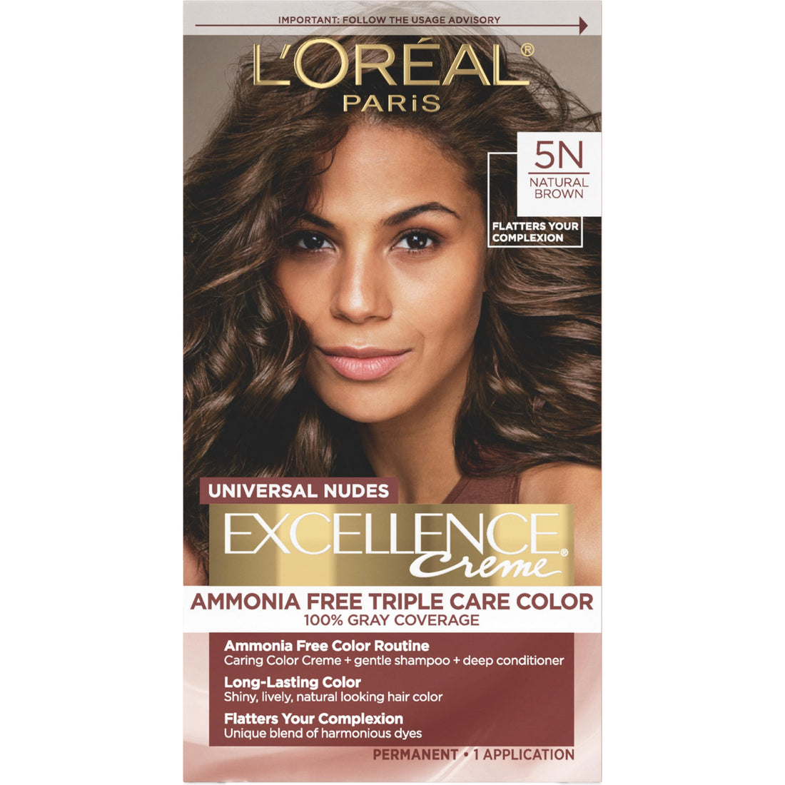 L’Oreal Paris Excellence Universal Nudes Permanent Hair Color, Ammonia Free Hair Dye for Gray Hair Coverage, 5N Natural Brown, 1 Hair Dye Kit