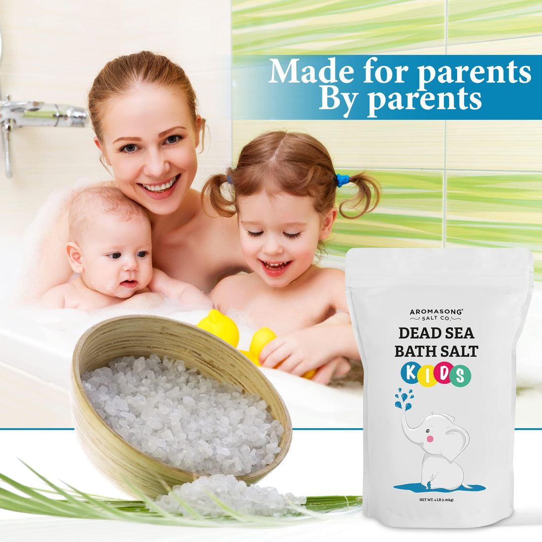 Aromasong Dead Sea Salt for Kids Bath Soak, 4 Lbs. Fine Grain Large Bulk resealable Pack, 100% Pure & Natural.
