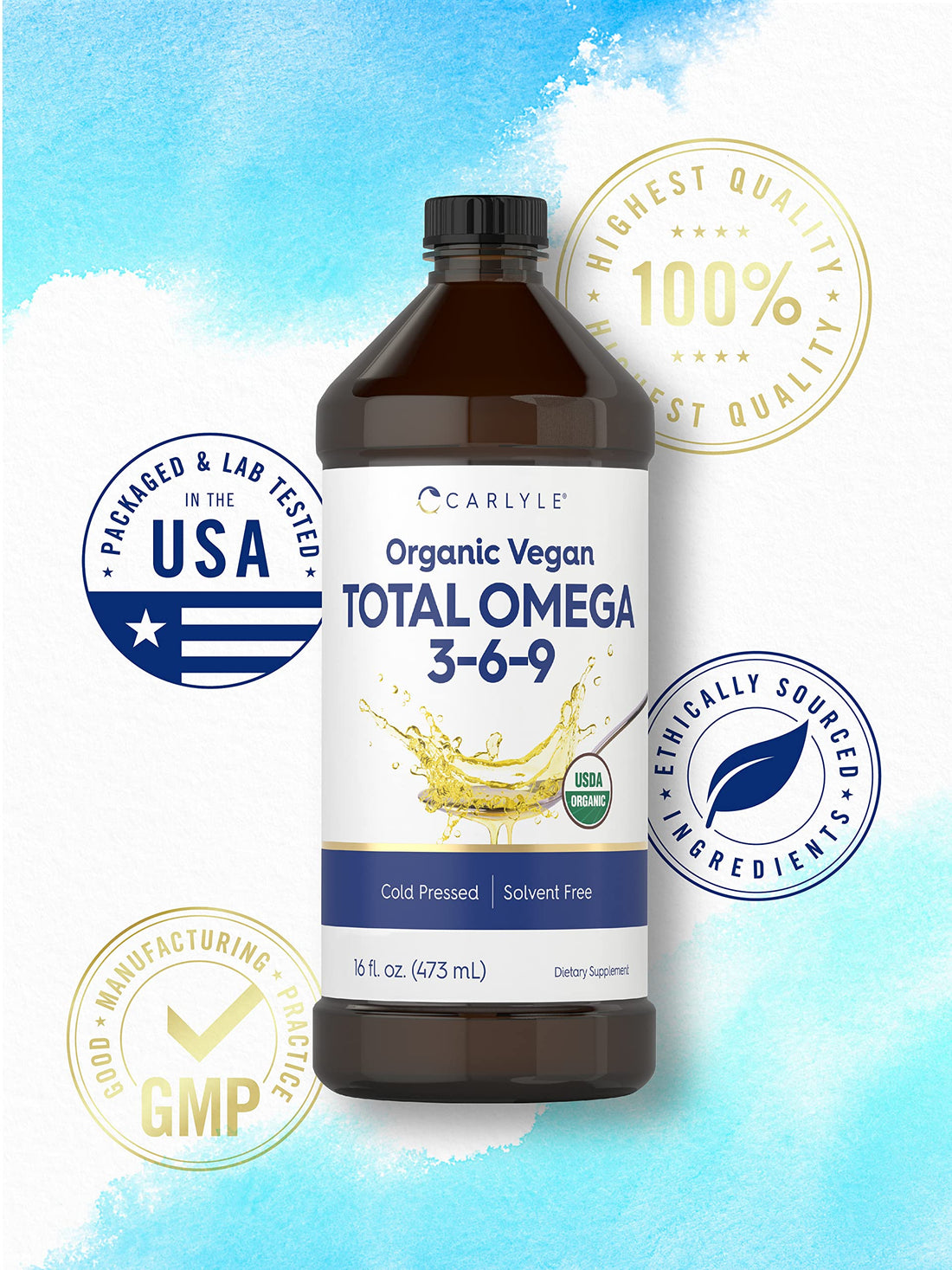 Carlyle Omega 3 6 9 | 16 fl oz | Cold Pressed | Certified Organic, Vegan Supplement | Vegetarian, Non-GMO, Gluten Free, and Solvent Free