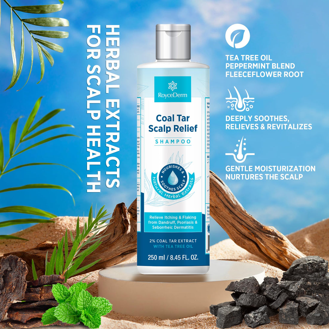 RoyceDerm Coal Tar Dandruff Shampoo: Extra Strength 2% Coal Tar Extract Medicated Gel for Rapid Scalp Hair Relief targets dandruff, psoriasis, and seborrheic dermatitis - Hydrating & Natural Fragrance