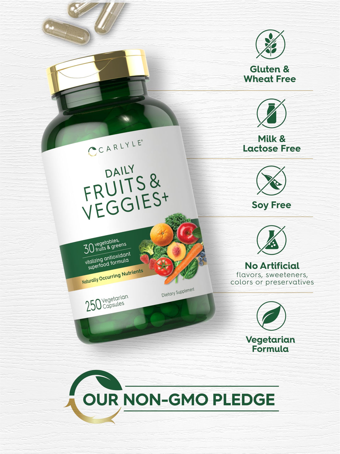 Carlyle Fruits and Veggies Supplement | 250 Capsules | Made with 30 Fruits and Vegetables | Vegetarian, Non-GMO, Gluten Free Superfood Formula