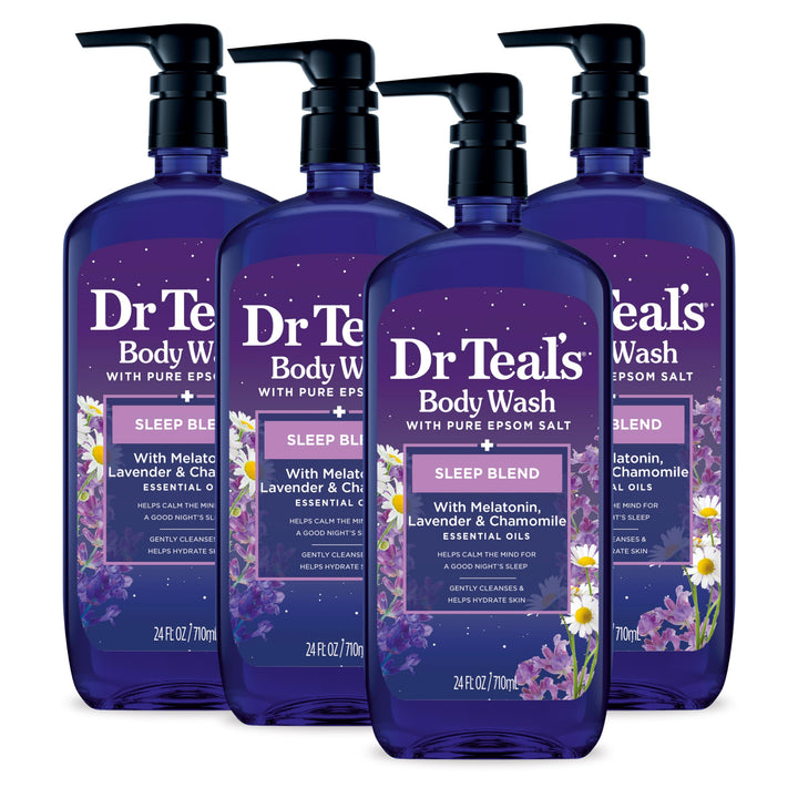 Dr Teal's Body Wash with Pure Epsom Salt, Sleep Blend with Melatonin, Lavender & Chamomile Essential Oils, 24 fl oz (Pack of 4)