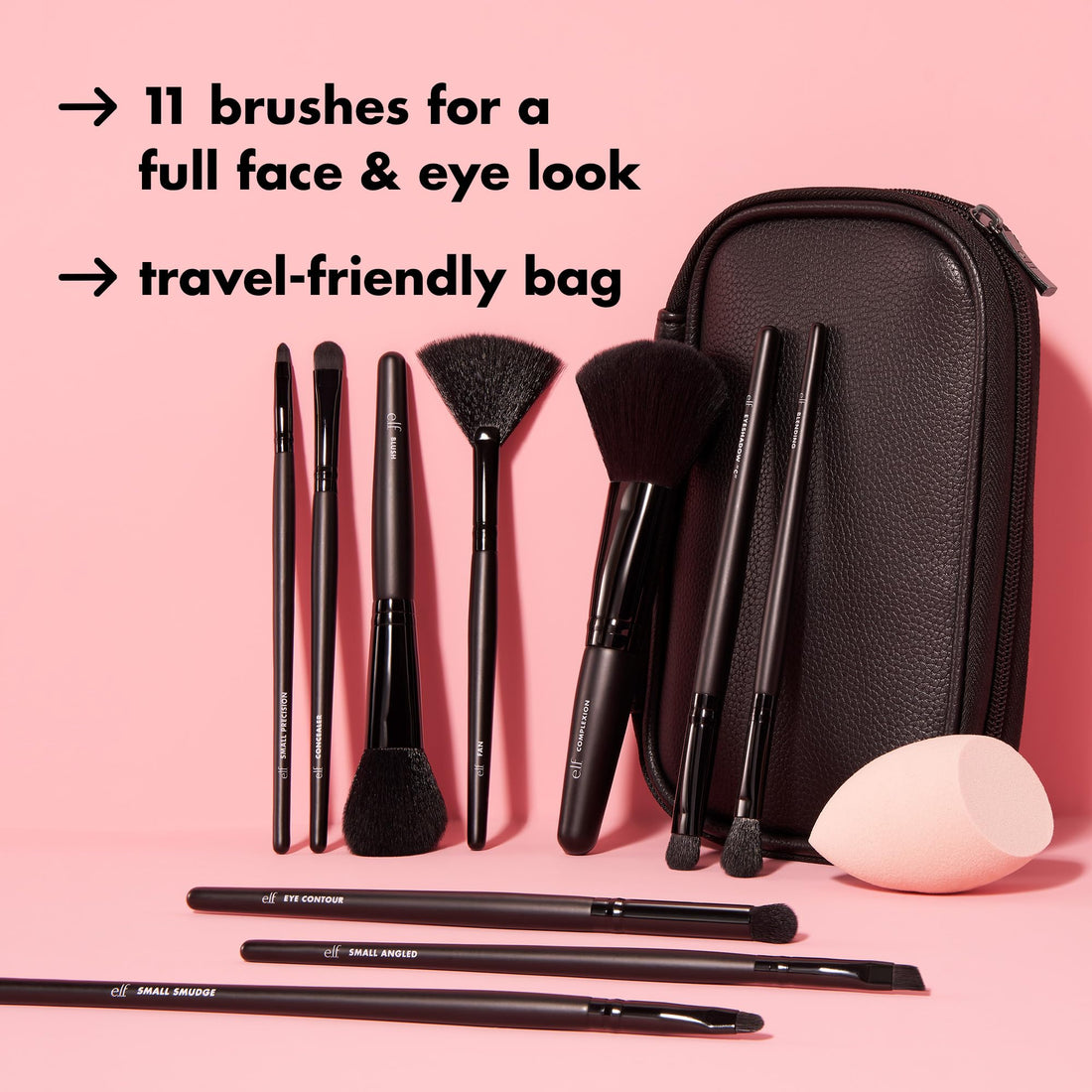 e.l.f. Full Face & Eye Makeup Brush Set, 11 Makeup Brushes For Foundation To Bronzer, Eyeshadow & More, Vegan & Cruelty-Free