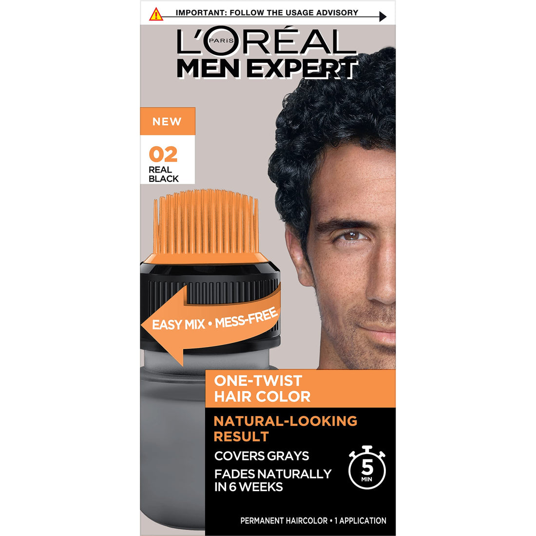 L’Oréal Paris Men Expert One Twist Mess Free Permanent Hair Color, Mens Hair Dye to Cover Grays, Easy Mix Ammonia Free Application, Real Black 02, 1 Application Kit