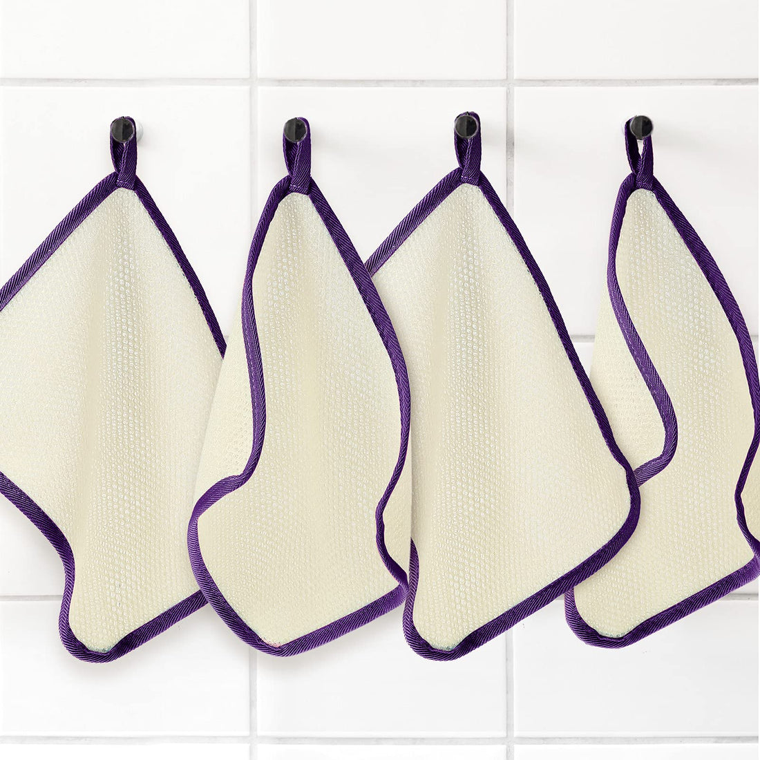Tatuo 5 Pcs Exfoliating Face and Body Wash Cloths Towel Weave Bath Exfoliating Scrub Massage Bath Cloth for Women and Men, 10.63 x 9.05 Inch (Purple Edge)