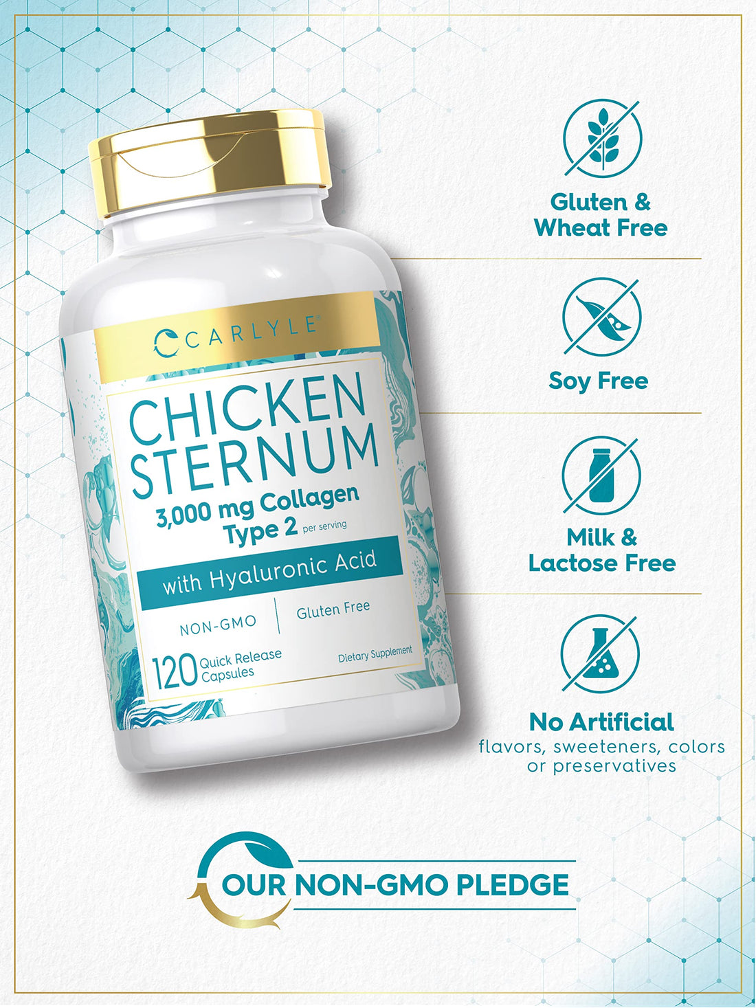 Carlyle Chicken Sternum Cartilage Collagen Capsules | Type II 3000mg | 120 Pills | with Hyaluronic Acid | Non-GMO, Gluten Free