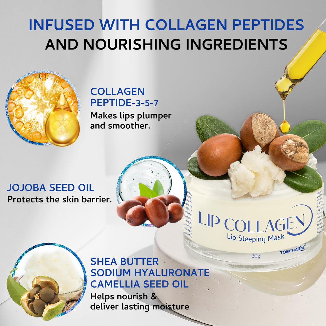 Lip Sleeping Mask (20g), Collagen Lip Mask Overnight, Lip Plumper with Hyaluronic Acid, Peptide Complex Lip Balm for Lip Wrinkle Repair and Plumping, Natural Hydration for Smooth Lips