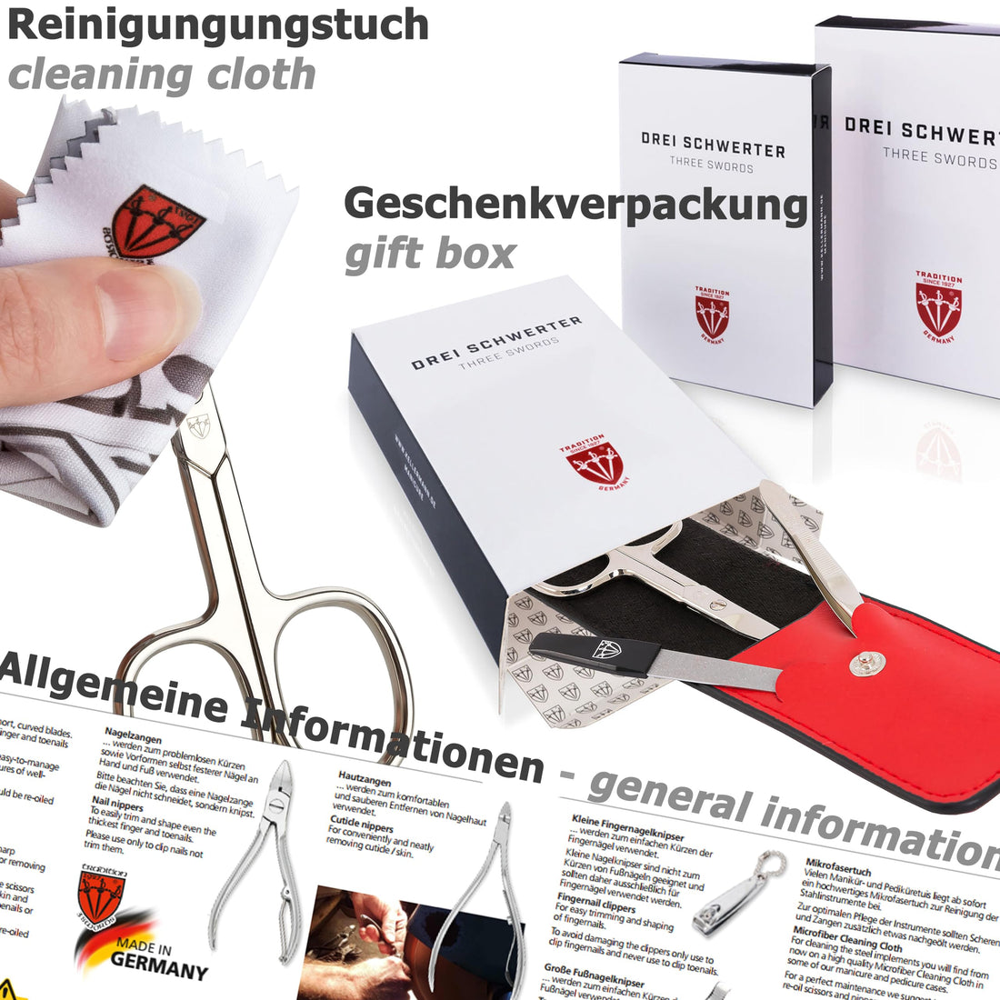 3 Swords Germany - brand quality 16 piece manicure pedicure grooming kit set for professional finger & toe nail care scissors clipper fashion leather case in gift box
