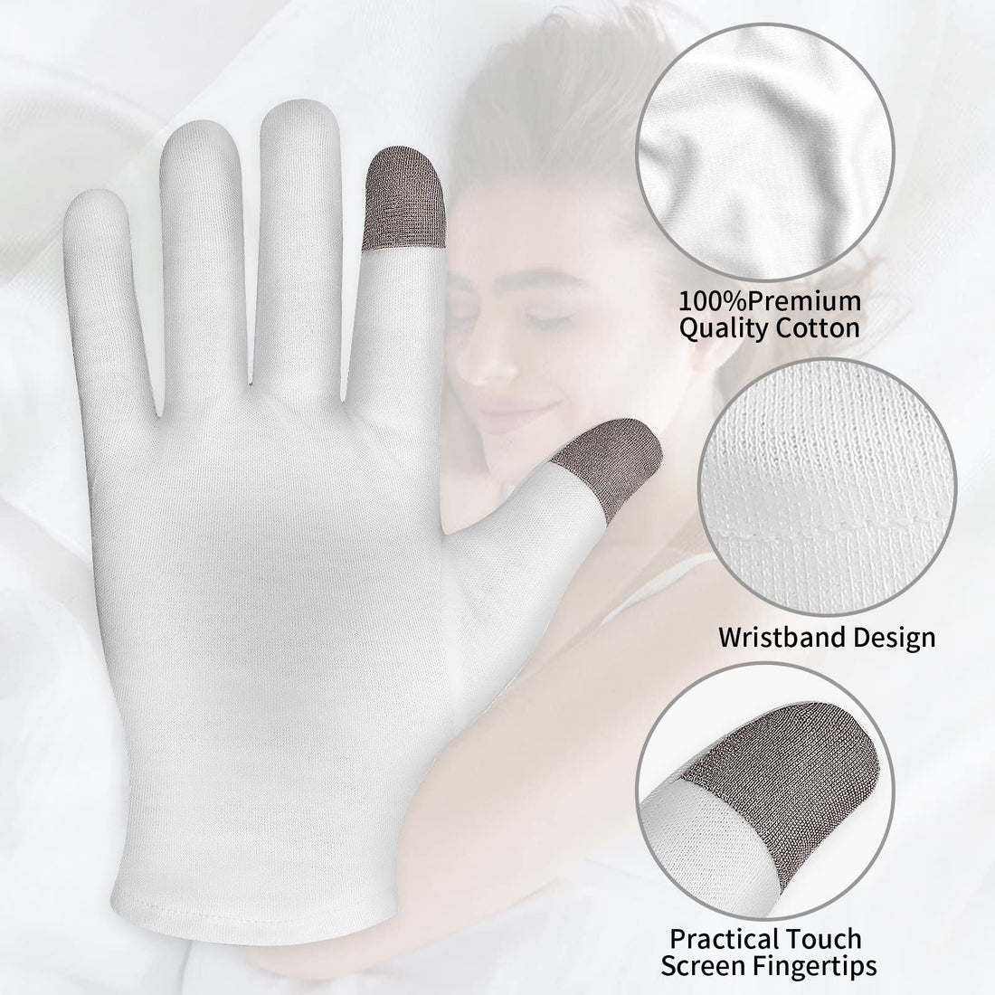 Sibba 2 Pairs Touch Screen Moisturizing Gloves White Cotton Moisturizing Gloves Overnight Bedtime Heal Eczema Sleeping Lotion Hand Spa Treatment Gloves Repair Rough Cracked Dry Chapped Hands Skin