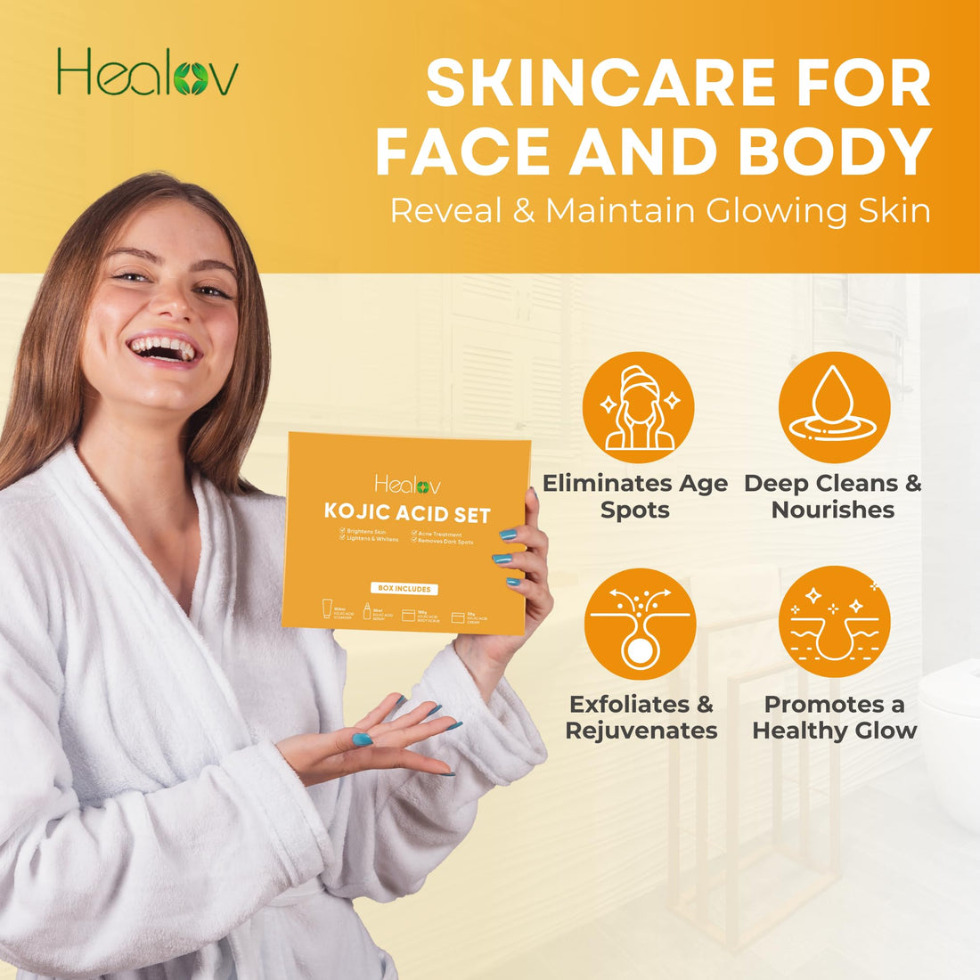 Kojic Acid Skincare Set – Kojic Soap Cleanser, Exfoliating Body Scrub, Face Cream & Brightening Facial Serum – Skin Brightening Hyperpigmentation Treatment, Dark Spot Corrector – with Turmeric Papaya