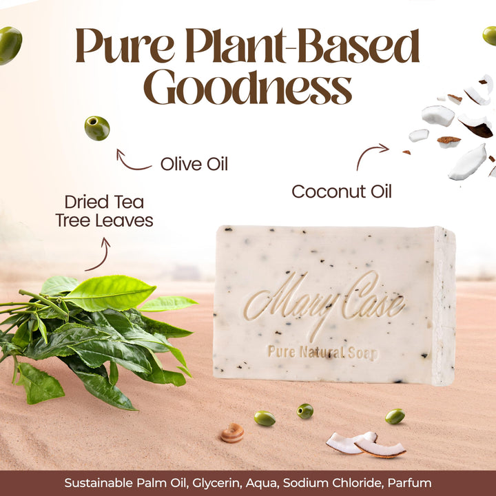 Mary Case All Natural Bar Soap for Men & Women (Set of 4) - Tea Tree Body Soap Bars with Olive, Coconut, Tea Tree Oils & Leaves - Vegan Bath Soaps for Balancing Oily Skin & Clearing Pores