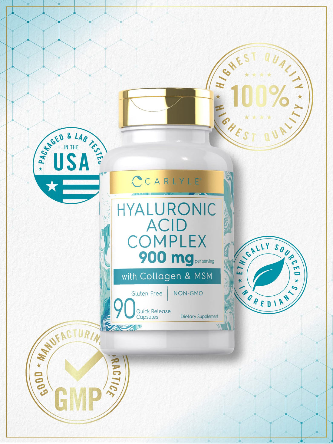 Carlyle Hyaluronic Acid Complex 900 mg | with Collagen and MSM | 90 Capsules | Non-GMO, Gluten Free Supplement