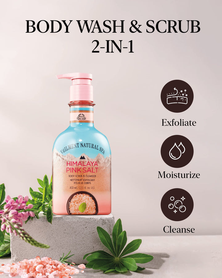 VEILMENT NATURAL HIMALAYA PINK SALT SPA 2-in1 BODY WASH & BODY SCRUB(13.53fl.oz) - Natural Exfoliating Salt Scrub for Deep Cleansing - Exfoliate & Moisturize Skin Polishes