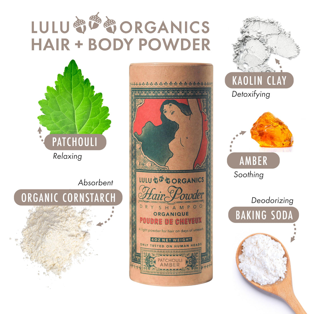 Non Aerosol Dry Shampoo Powder for Dark, Blonde and Oily Hair, All Natural Organic Hair and Body Powder, Paraben &Talc free No White Cast Synthetic Fragrance, Patchouli and Amber - 4oz