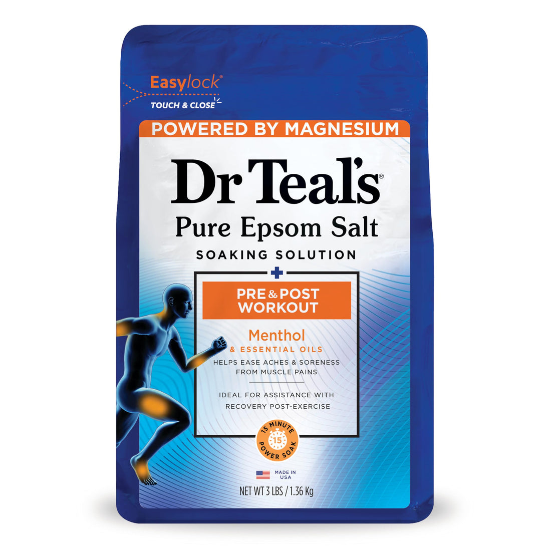 Dr Teal's Epsom Salt Magnesium Soak, Pre & Post Workout with Menthol & Essential Oils, 3 lbs