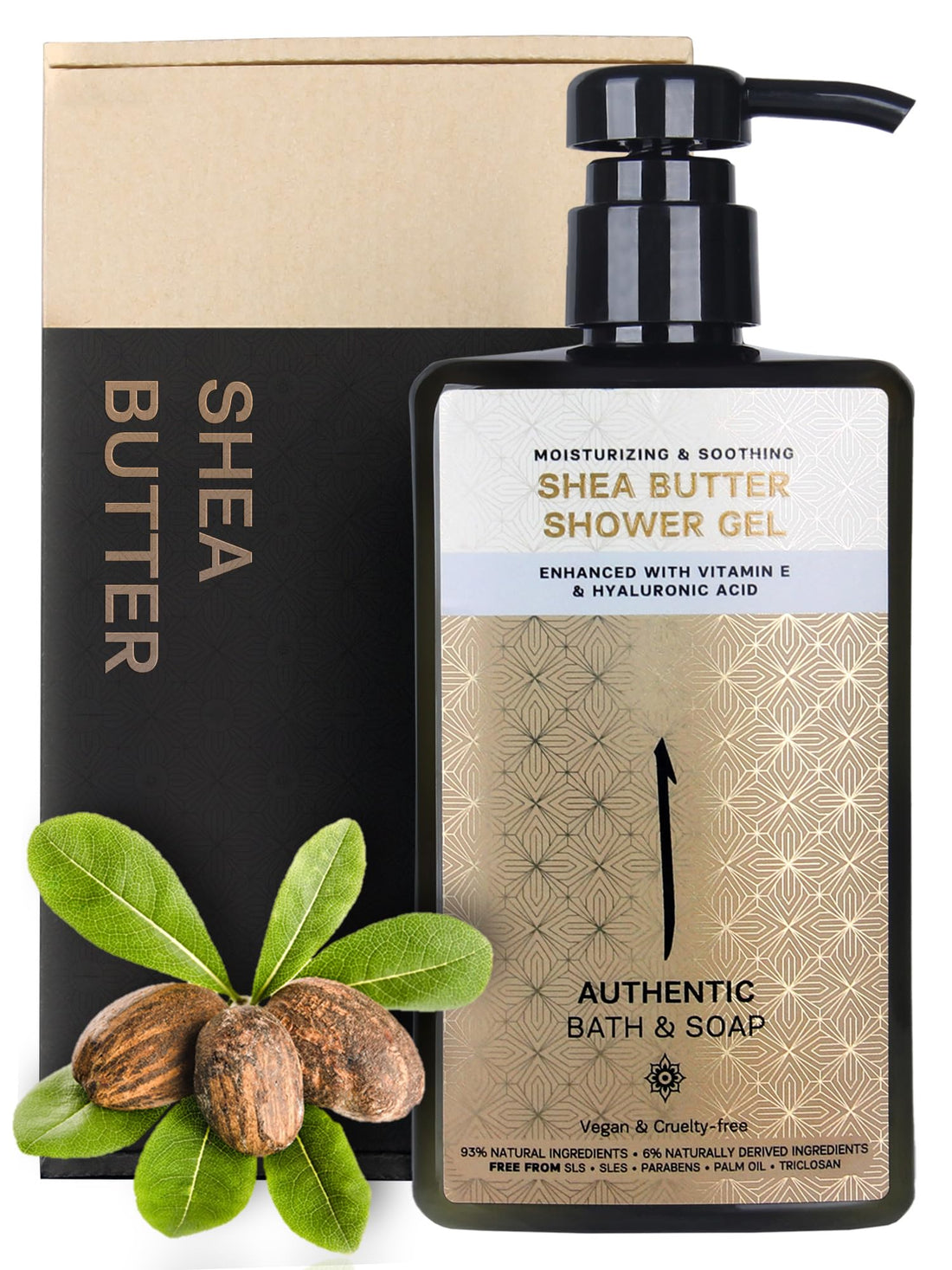 AUTHENTIC BATH & SOAP All Natural - Organic Shea Butter Body Oil with Vitamin E & Hyaluronic Acid, Moisturizing, Hydrating Shower Gel for Men & Women, Cruelty Free & Vegan, Paraben Free 16.9 Fl Oz