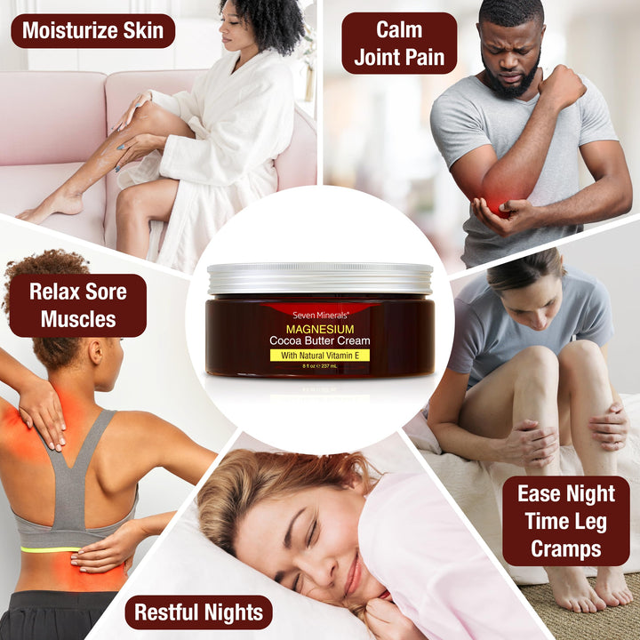 Seven Minerals, Natural Magnesium Cream for Pain Calm, Leg Cramps, Sleep & Muscle Soreness With Moisturizing Organic Cocoa Butter & Vitamin E - No Harmful Ingredients USA Made Safe for Kids (8 fl oz)