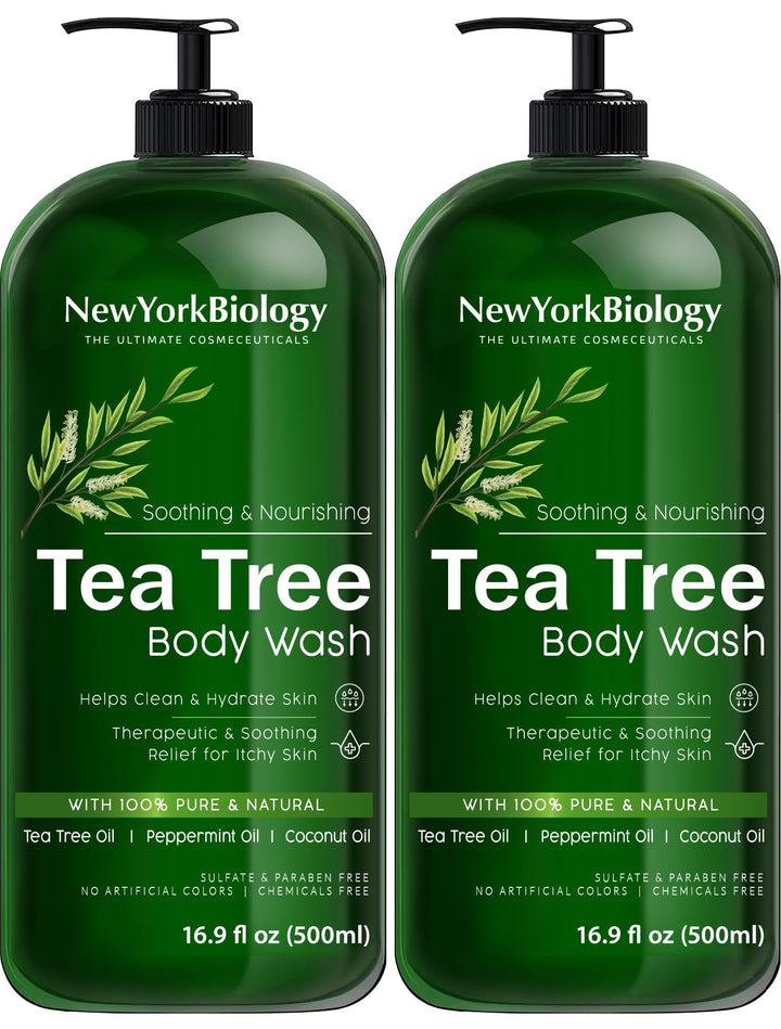 New York Biology Tea Tree Body Wash for Men and Women - Moisturizing Body Wash Helps Soothe the Skin - Refreshing and Hydrating Cleanser for Body and Feet - 16.9 Fl Oz (Pack of 2)