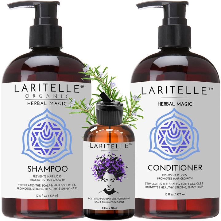 Laritelle Organic Hair Loss Prevention Shampoo 17.5 oz + Conditioner 16 oz + Bonus Post-shampoo Treatment 2 oz | Unscented & Hypoallergenic | NO GMO, Sulfates, Gluten, Alcohol, Parabens, Phthalates
