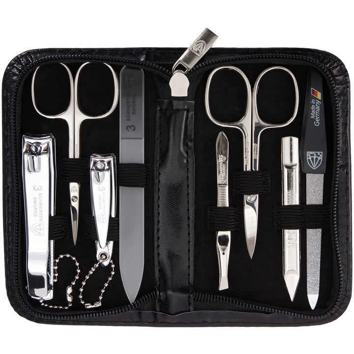 3 Swords - 8 Piece Manicure & Pedicure Kit, made of high quality artificial leather in black, Quality: Made in Solingen/Germany