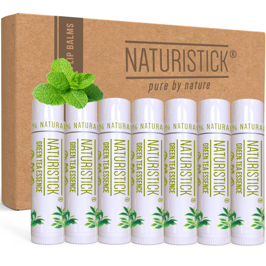 7 Pack Green Tea All-Natural Beeswax Lip Balm Gift Set by Naturistick, Best Healing Chapstick for Dry, Chapped Lips, with Aloe Vera, Vitamin E, Coconut Oil for Men, Women and Kids, Made in USA