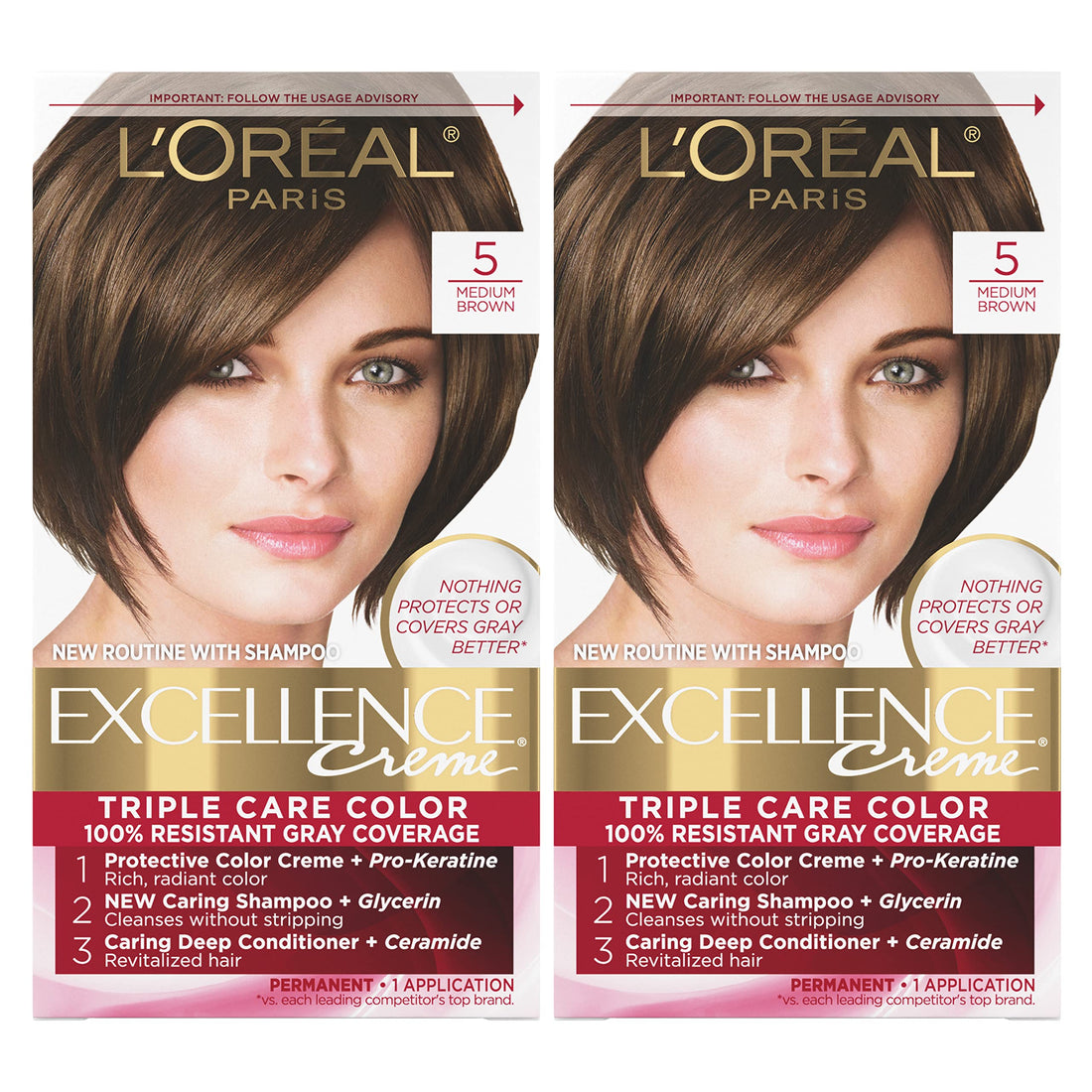 L’Oréal Paris Excellence Creme Permanent Hair Color, 5 Medium Brown, 100 percent Gray Coverage Hair Dye, Pack of 2