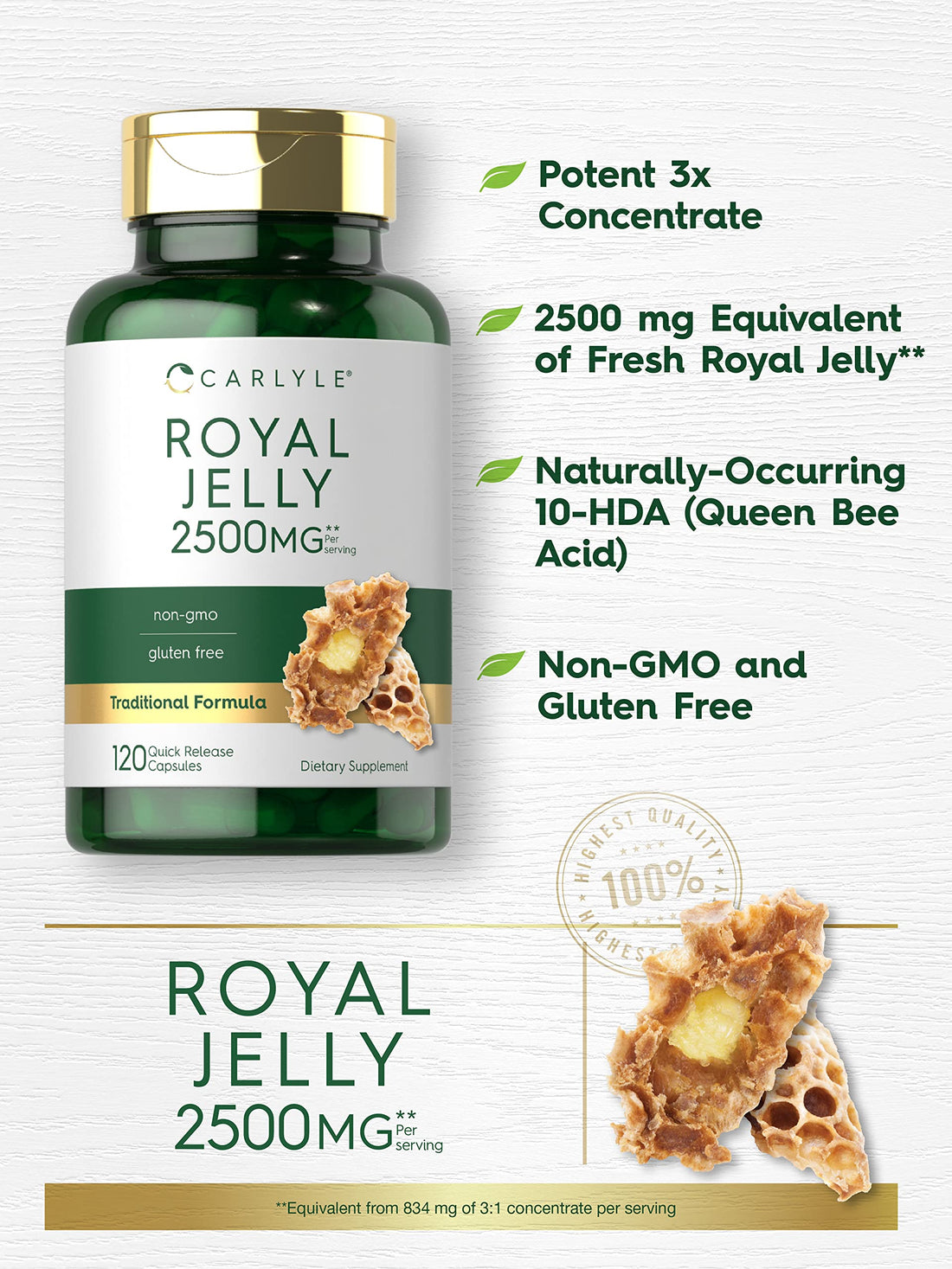 Carlyle Royal Jelly Capsule | 2500mg | 120 Count | Non-GMO and Gluten Free Formula | Traditional Supplement